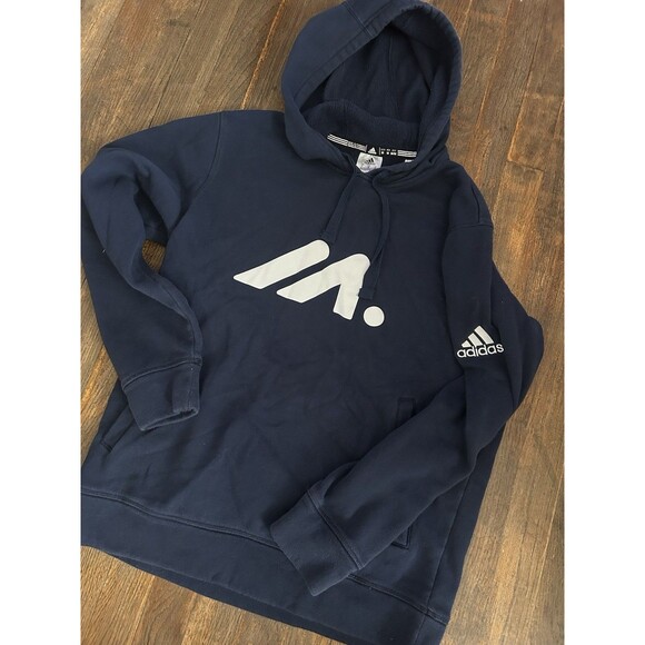 Adidas Men's Navy Hoodie with Graphic Logo and Kangaroo Pocket Medium - Picture 1 of 4